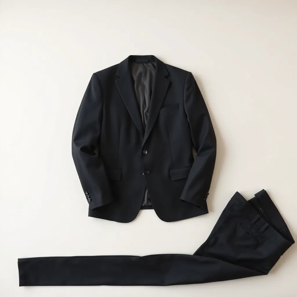 Black tuxedo jacket with crisp lapels and buttons laid flat with matching trousers