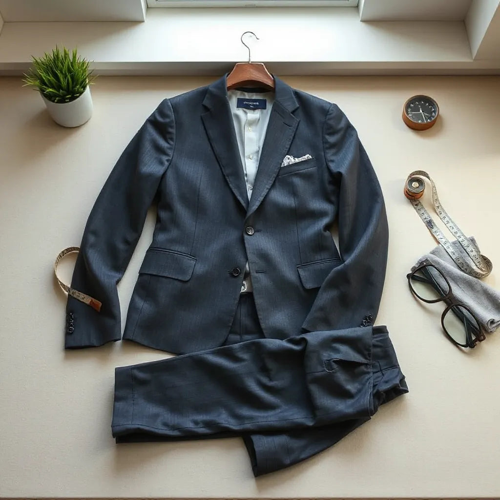 Crisp men’s suit laid on a tailoring bench with visible lapels and measuring tape nearby
