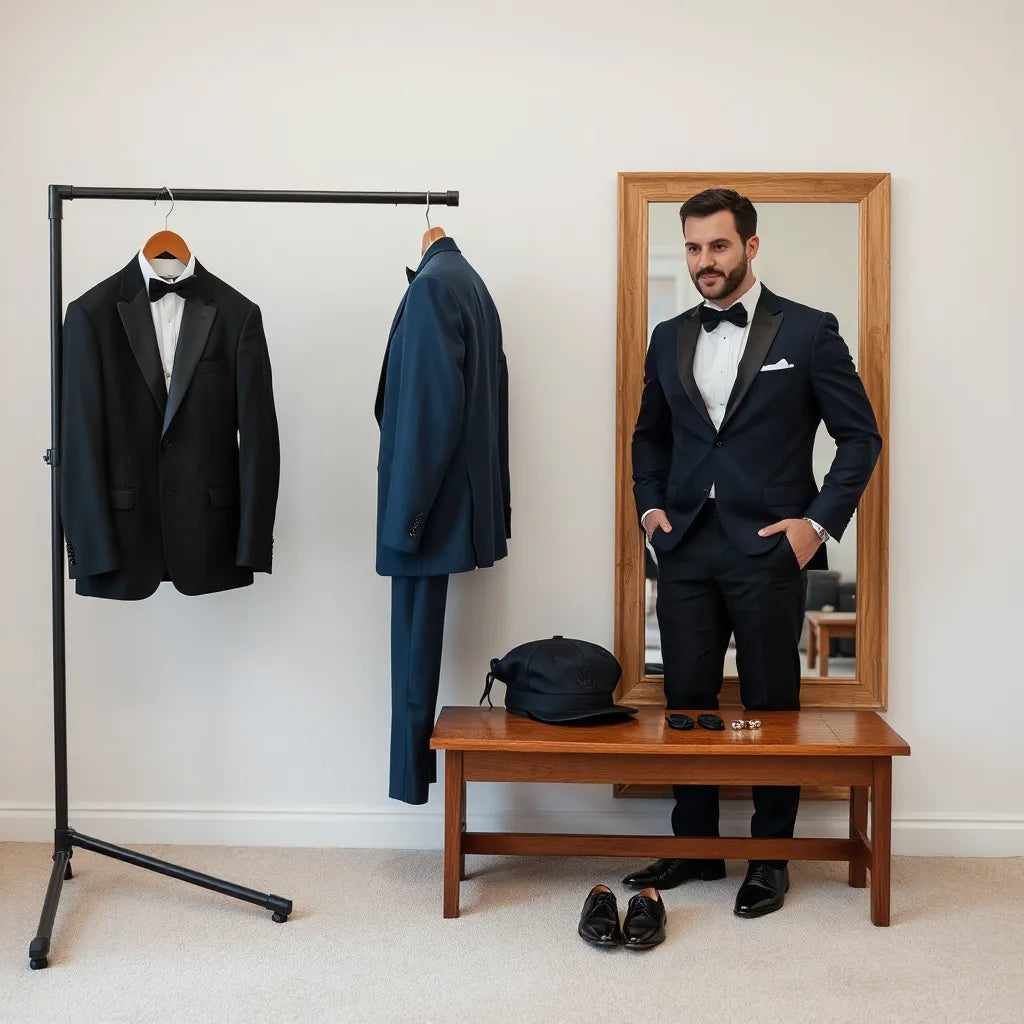 Groom in tuxedo with several jacket options hanging nearby in a tailoring room