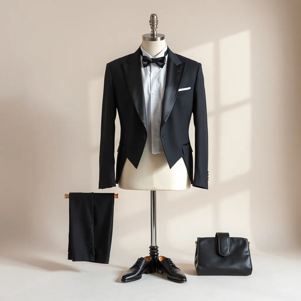 Tailored black tuxedo with satin lapels, bow tie, and crisp white shirt in a clean minimalist setting