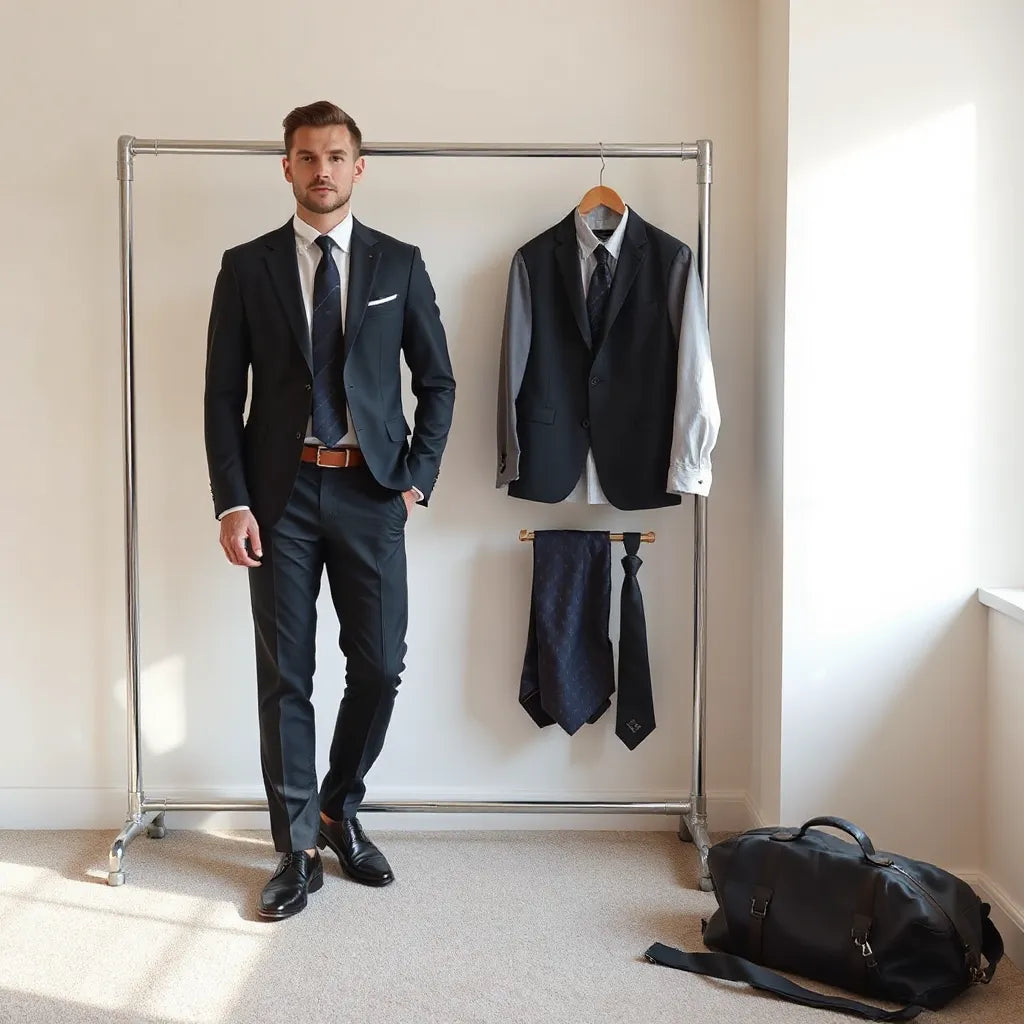 Tailored men’s formal suit outfit laid out with tie and dress shoes in soft natural light