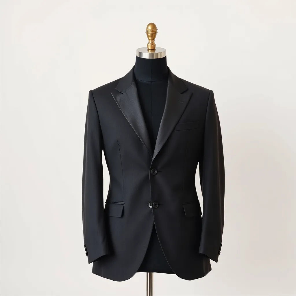 Dark full dress jacket on a minimalist mannequin with visible lapels and structured tailoring