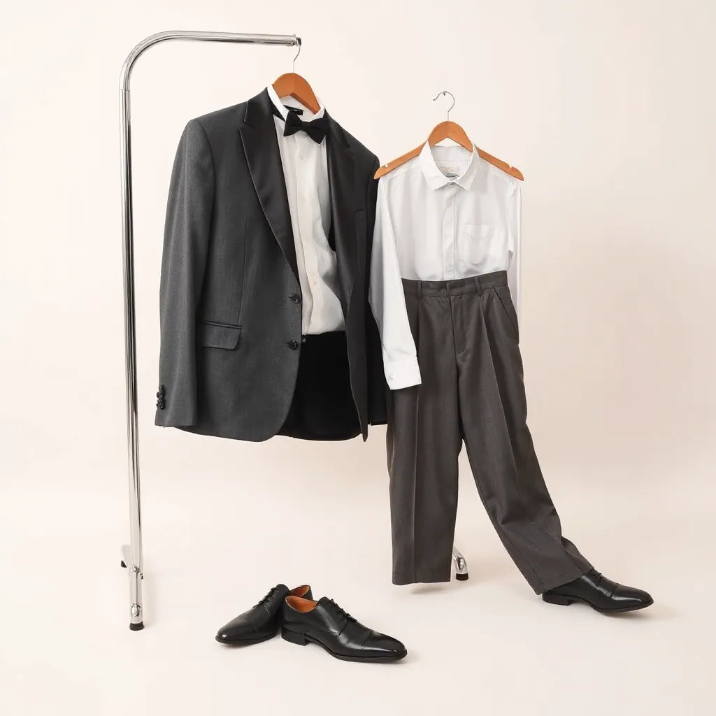 Steel grey tuxedo jacket with bow tie, dress shirt, and leather shoes on a tidy studio setup