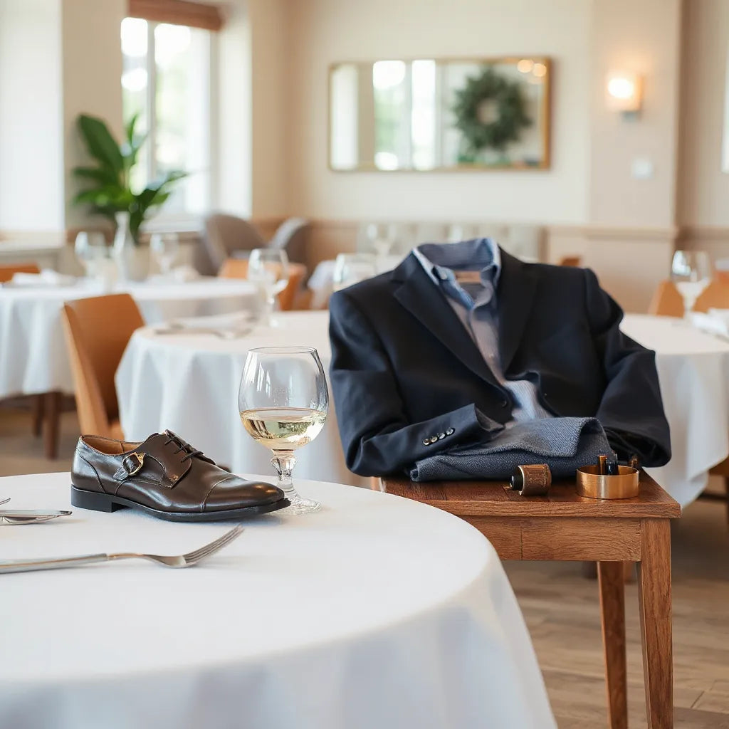 Tailored blazer, dress shirt, and leather shoes beside a set dining table in a refined restaurant