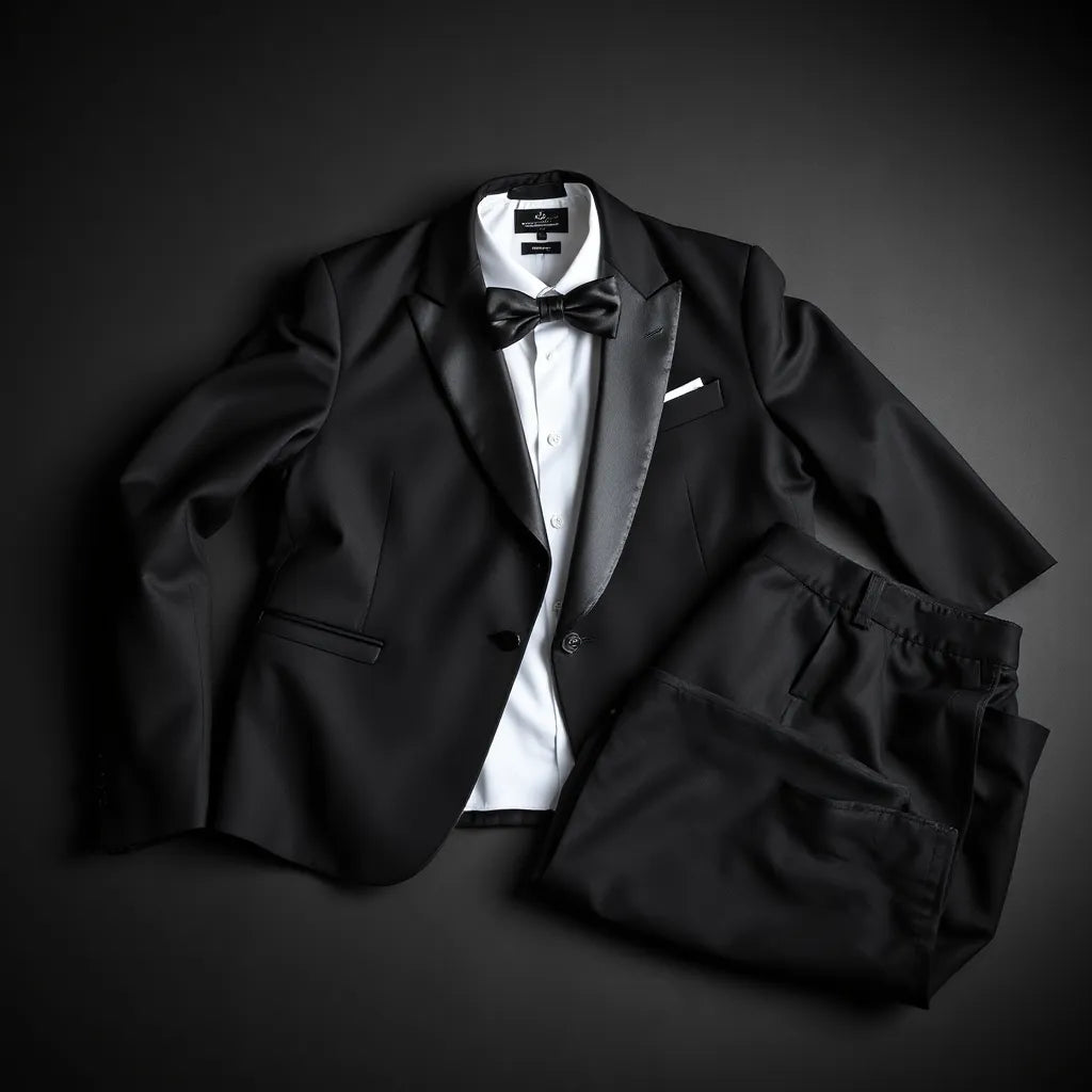 Premium black tuxedo jacket with satin lapels, bow tie, and trousers on a dark minimalist surface