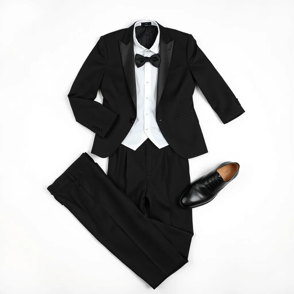 Neatly arranged classic black tuxedo with satin lapels, bow tie, dress shirt, and polished shoes.