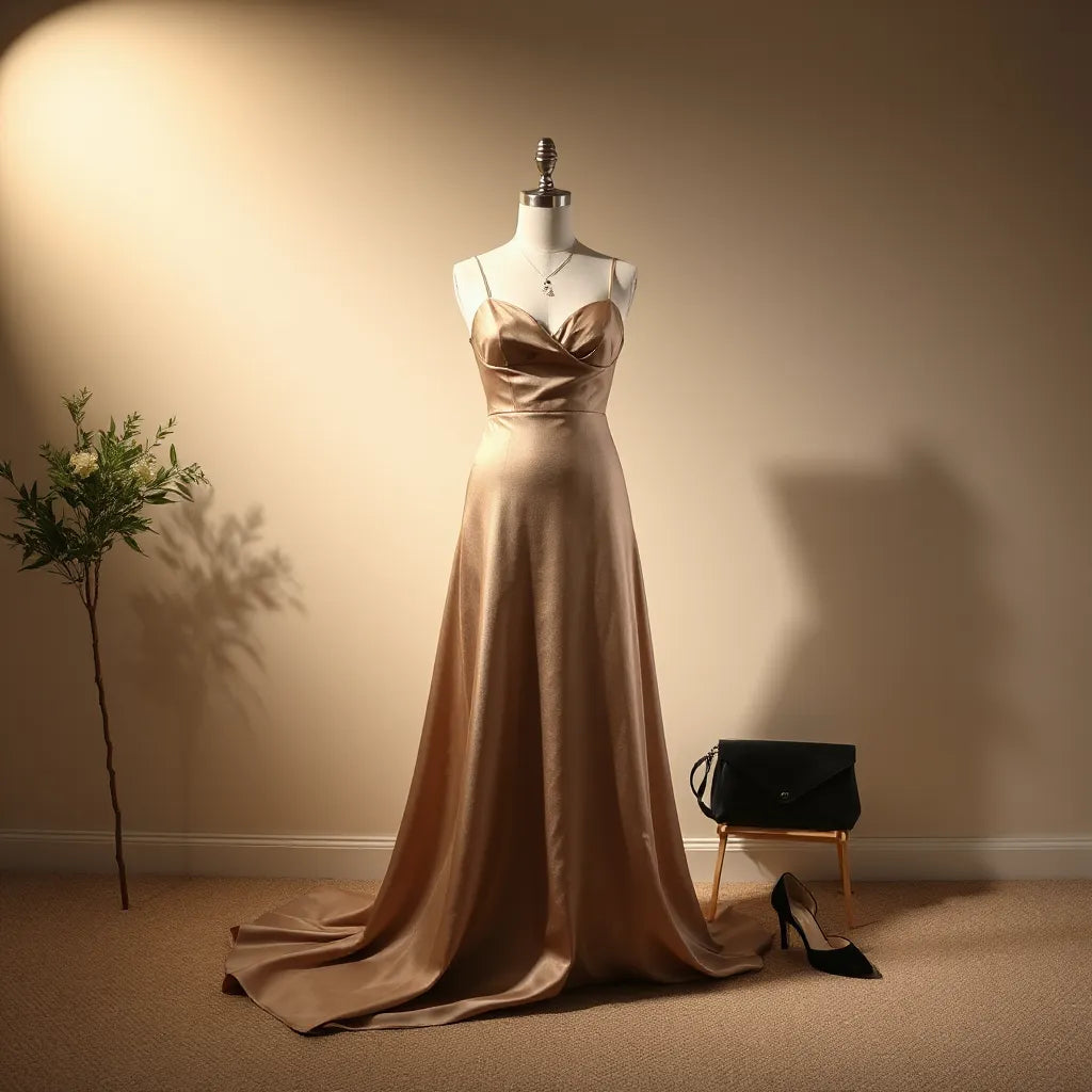 Elegant evening gown on a dress form with clutch, earrings, and heels in warm, minimalist lighting