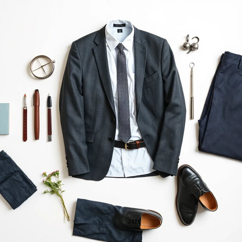 Neatly arranged men’s formal outfit with suit jacket, dress shirt, tie, belt, and polished oxford shoes
