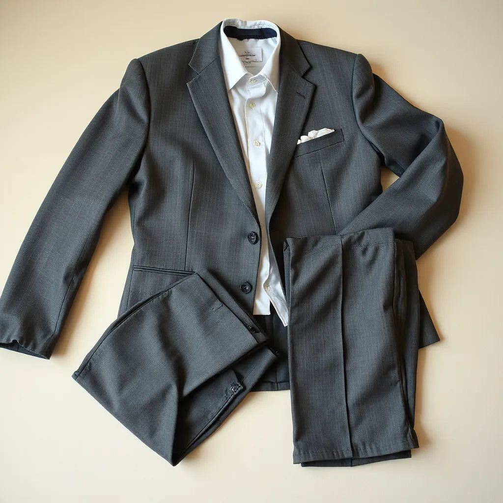 Neatly arranged tailored suit set highlighting jacket stitching, lapels, and matching trousers on a light background.