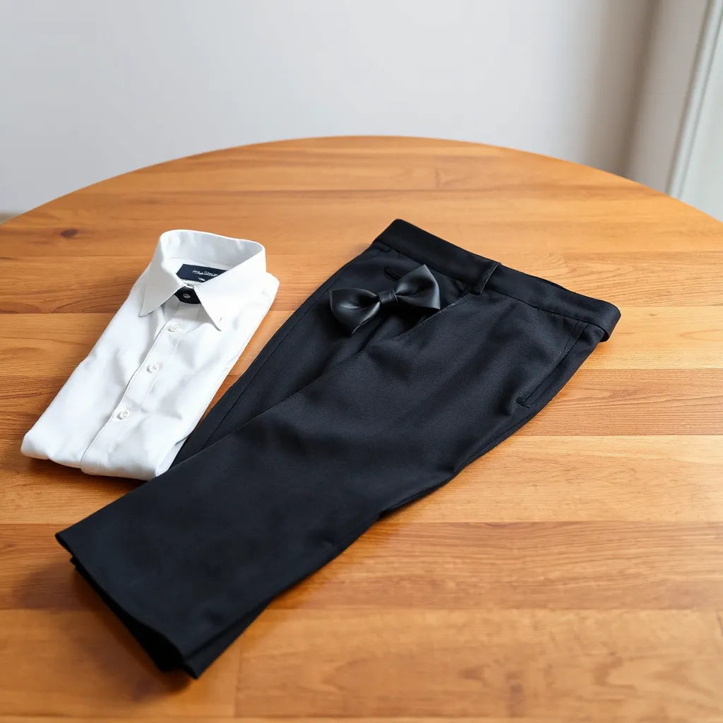 Neatly folded wool tuxedo pants with a white shirt and black bow tie on a wooden surface