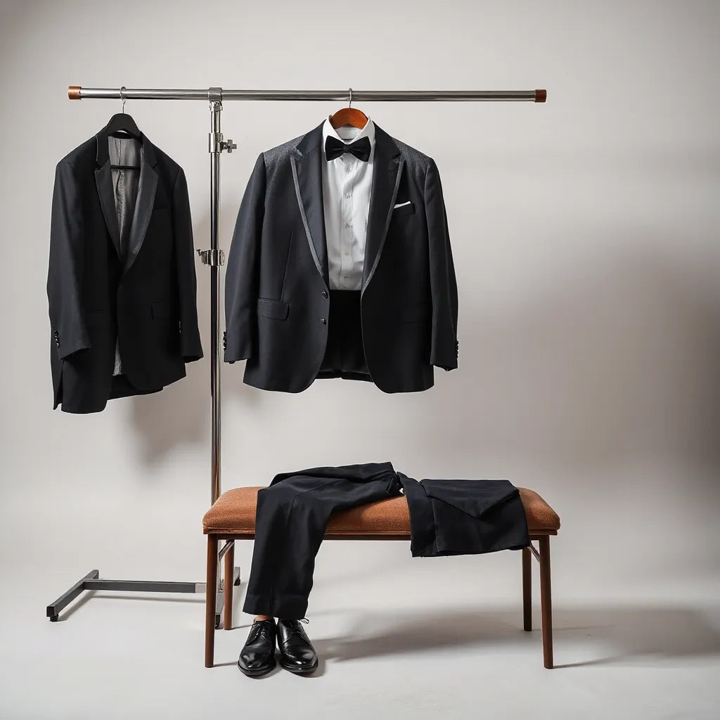 Dark tuxedo jacket with bow tie and crisp shirt on a minimalist bench in a tailoring studio