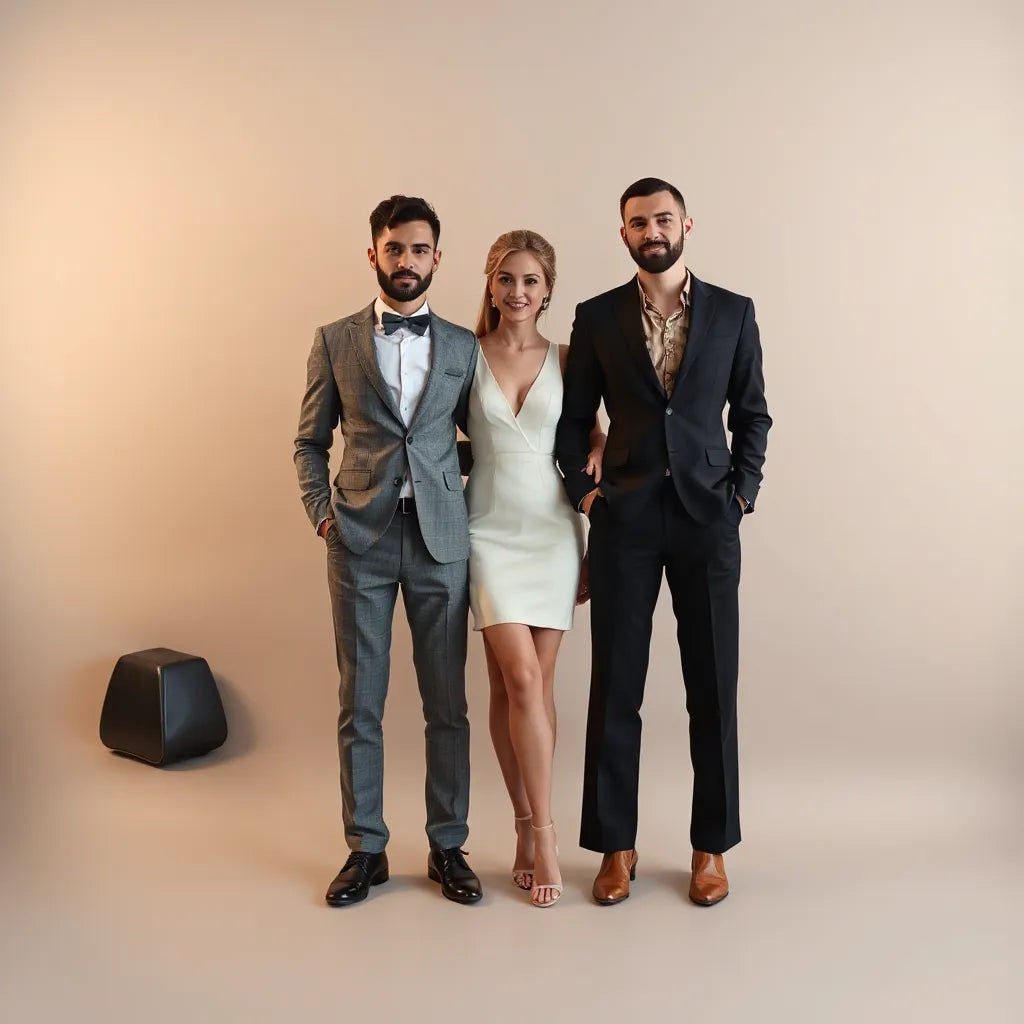 Three people modeling different party outfits including a suit, cocktail dress, and jumpsuit