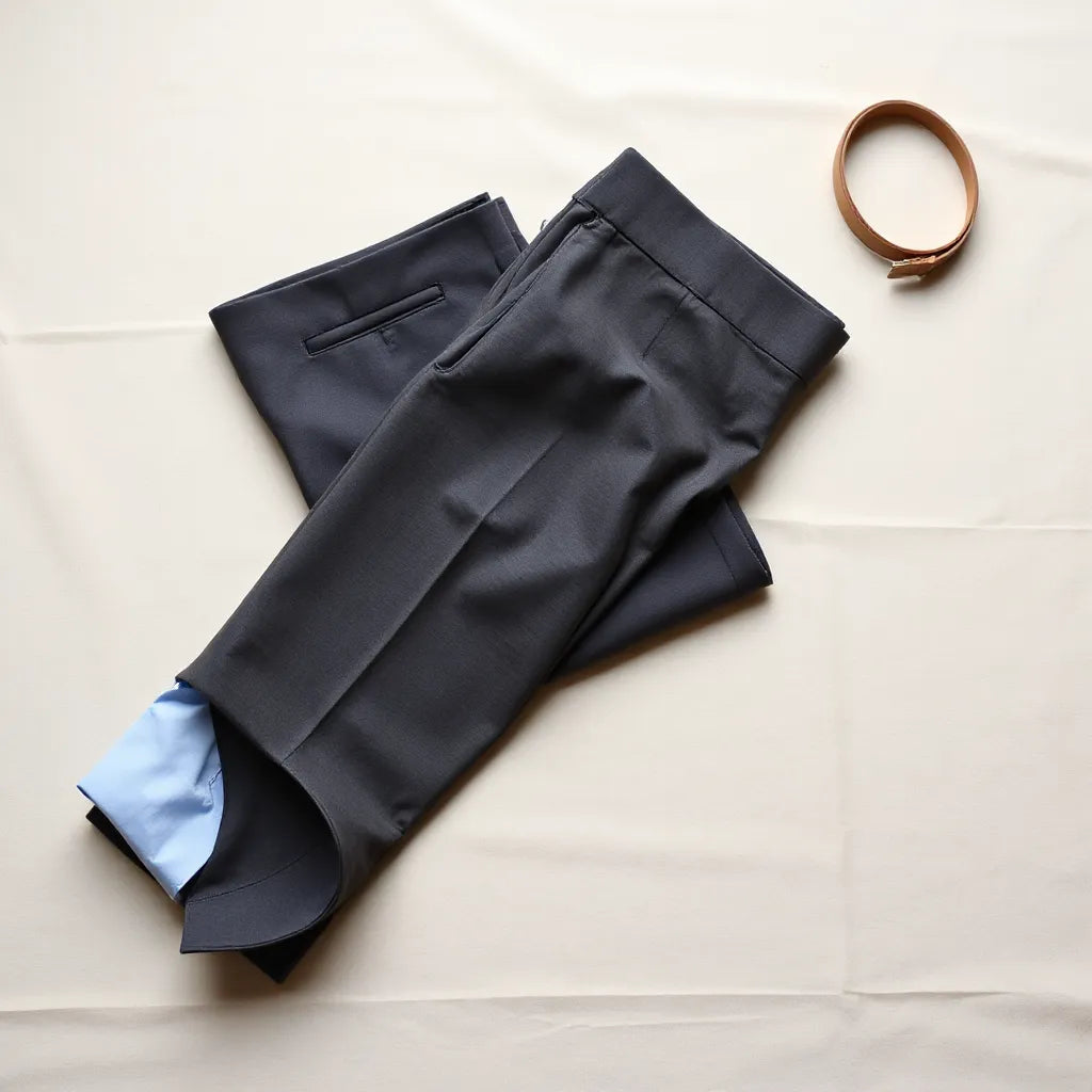 Folded luxury dress pants with a dress belt and shirt sleeve on a neutral surface