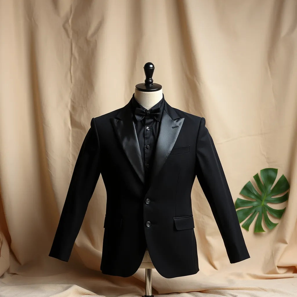 Tailored black tuxedo jacket with satin lapels and structured shoulders on a neutral background