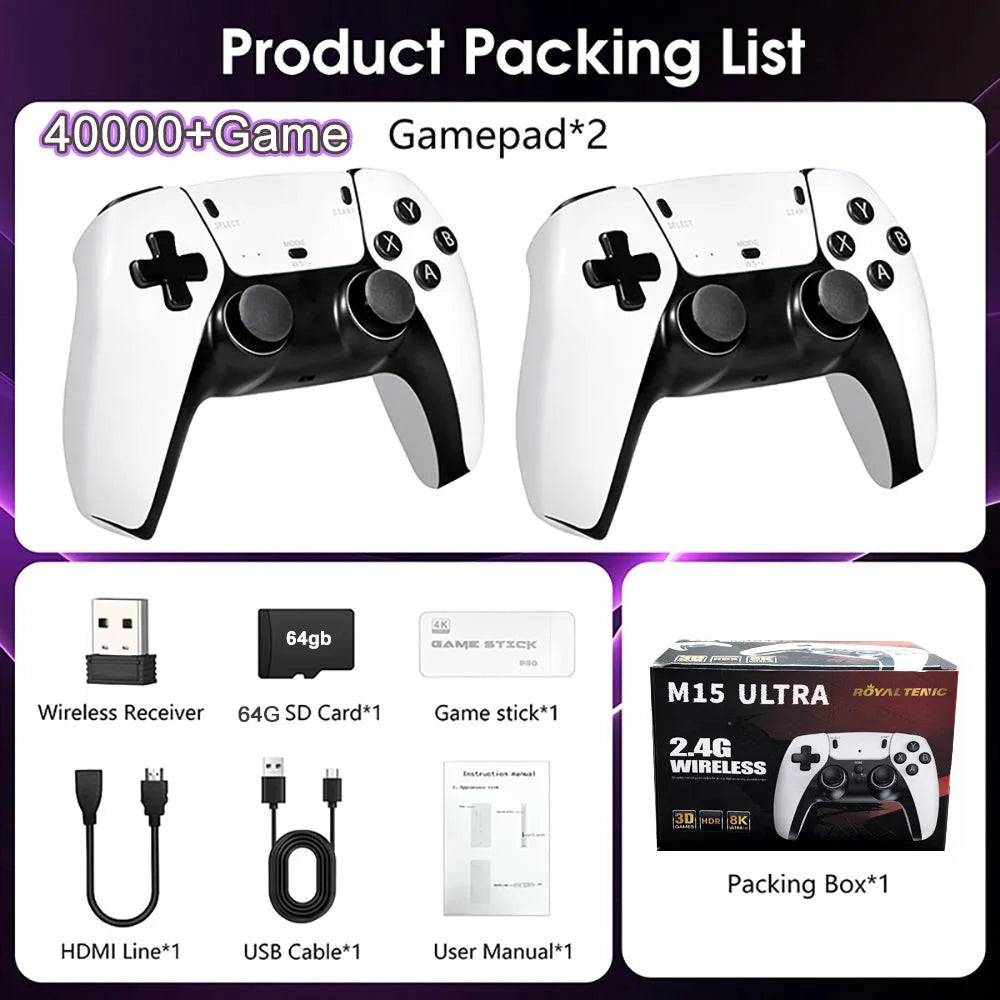40000+/50000 games, M15 Ultra video game console, 128GB storage, wireless controller, HD output, PS1 emulator, two-player portab
