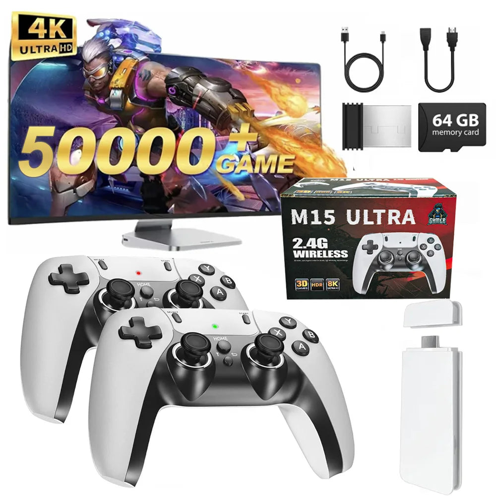 40000+/50000 games, M15 Ultra video game console, 128GB storage, wireless controller, HD output, PS1 emulator, two-player portab